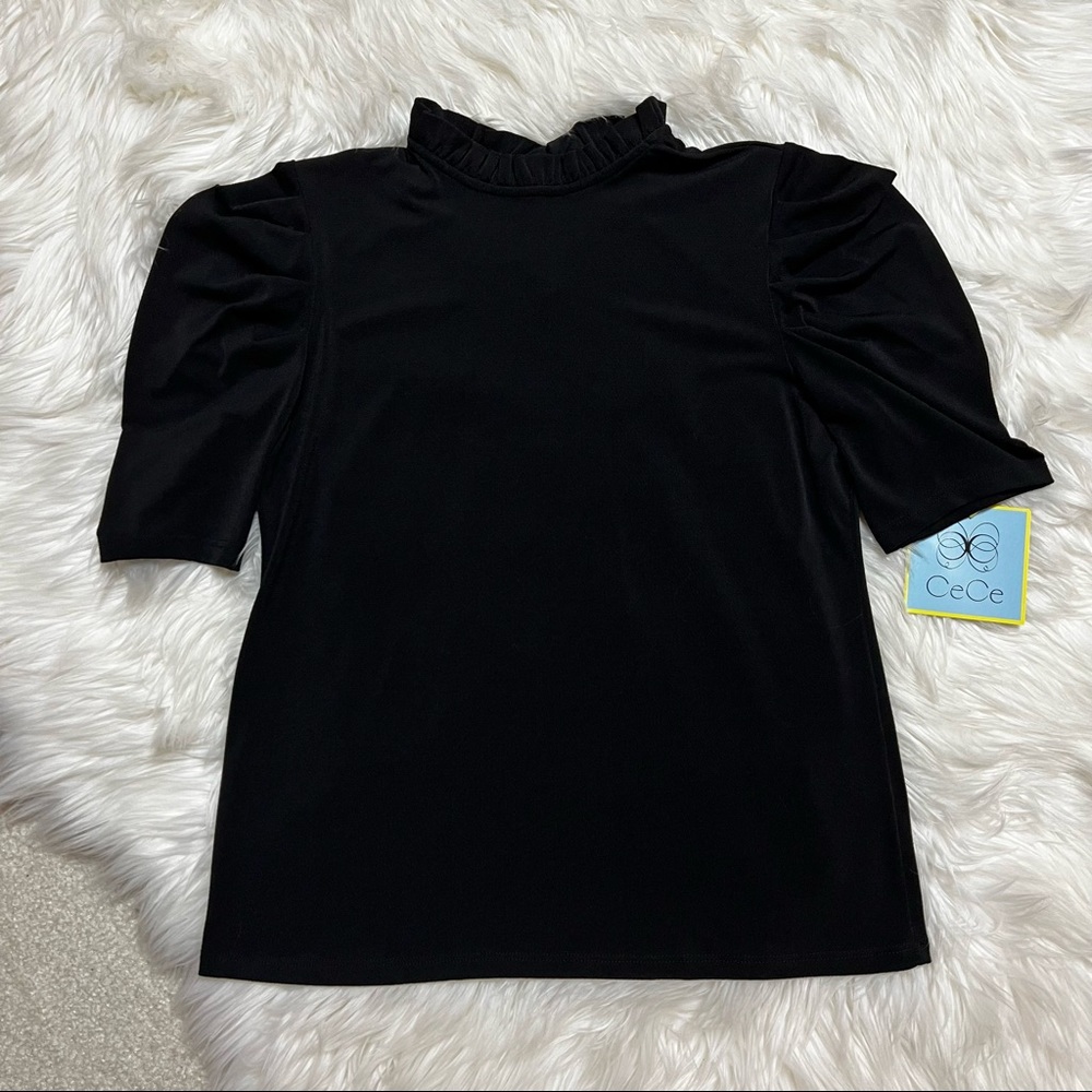 CeCe Puff Sleeve Crepe Top Black XS NWT